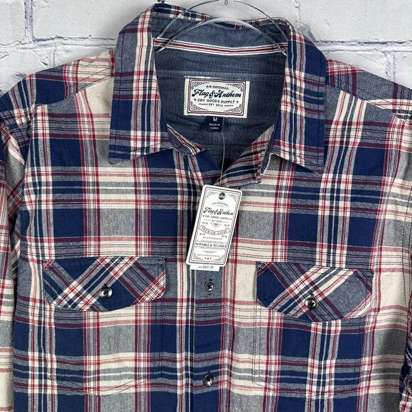 Flag & Anthem Men's Long Sleeve Cotton Western Plaid Shirt Size Medium, Navy/Red - Picture 5 of 13